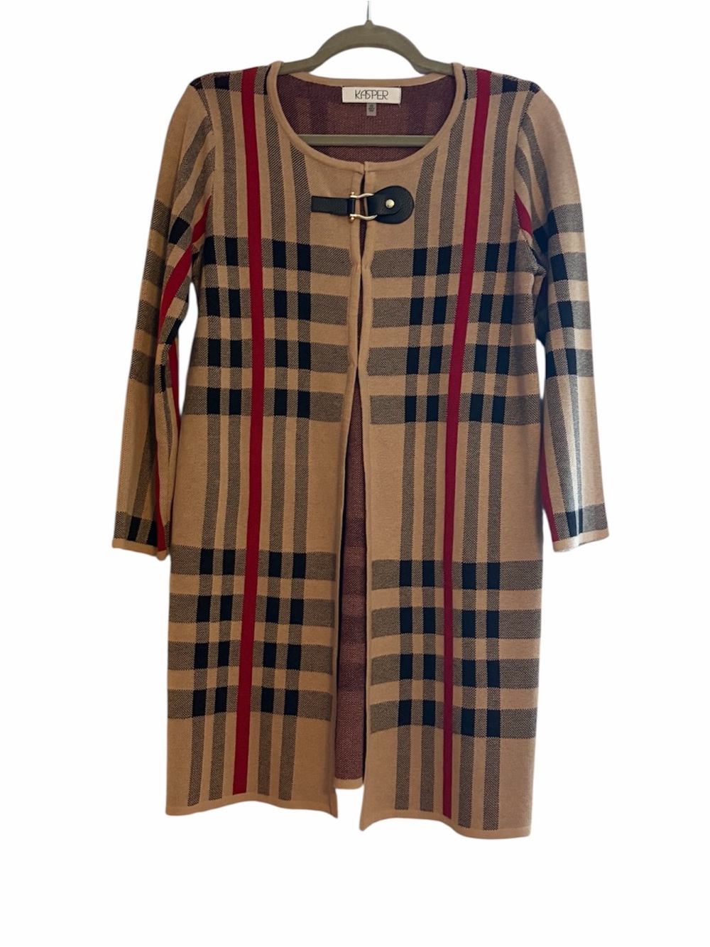 Kasper Plaid Longline Cardigan Sweater XS Buckle Closure Tan Red Black